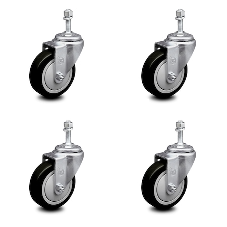 Service Caster 4 Inch Black Polyurethane Wheel Swivel 3/8 Inch Threaded Stem Caster Set SCC SCC-TS20S414-PPUB-BLK-381615-4